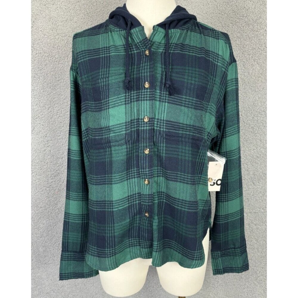 Juniors' SO Hooded Flannel Shirt Button Cuff Multicolor Small New With Tags.